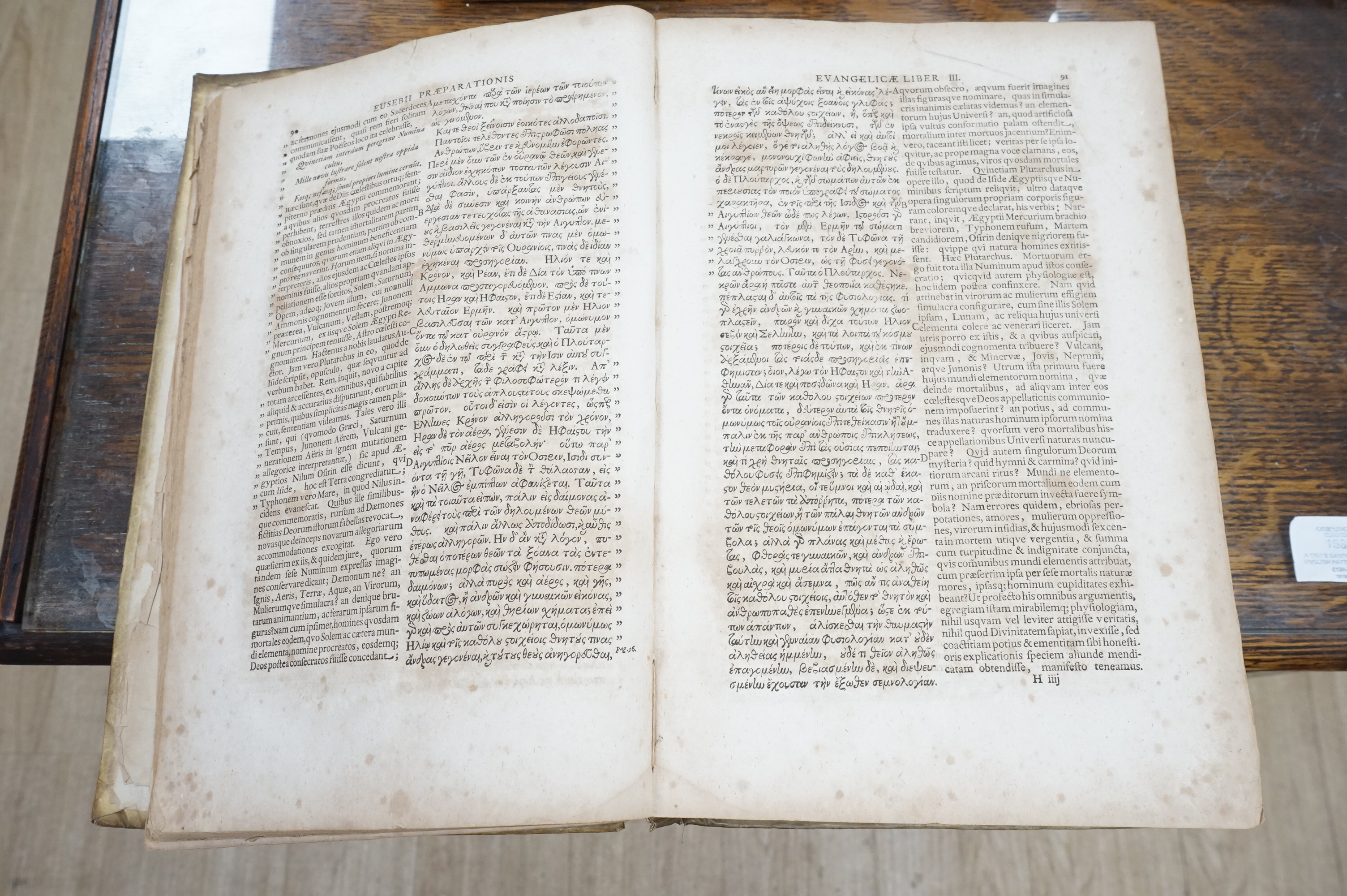 Eusebius - (Greek title) Pamphili Caesareae Palaestinae Episcopi Praeparatio Evangelica. editio nova. engraved title device, decorated initial letters; contemp. blind stamped vellum (distressed), folio, Cologne: M.G. Wei